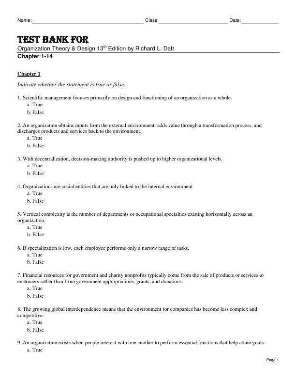 Test Bank For Organization Theory & Design 13th Edition by Richard L. Daft Chapter 1-14