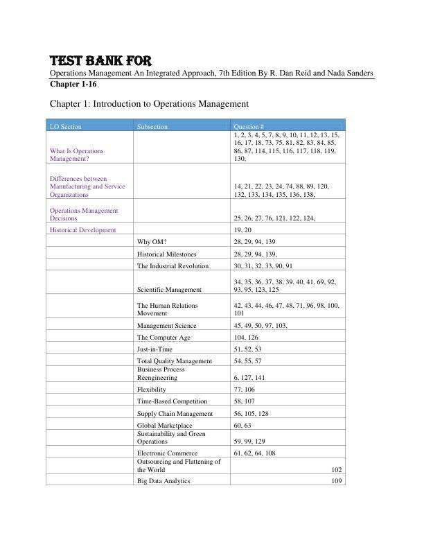 Test Bank For Operations Management An Integrated Approach, 7th Edition By R. Dan Reid and Nada Sanders Chapter 1-16