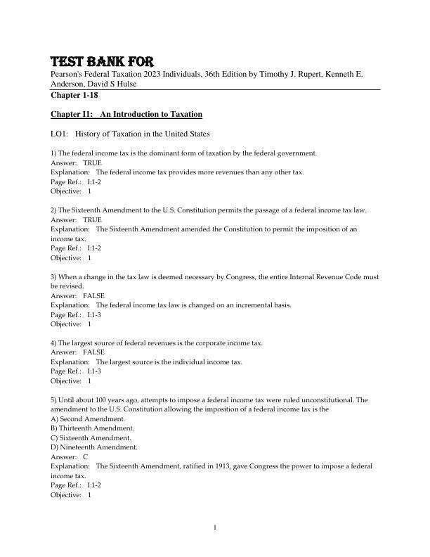 Test Bank For Pearson's Federal Taxation 2023 Individuals, 36th Edition by Timothy J. Rupert, Kenneth E. Anderson, David S Hulse Chapter 1-18
