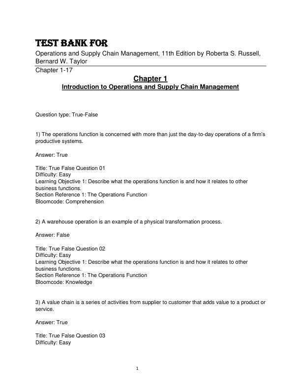 Test Bank For Operations and Supply Chain Management, 11th Edition by Roberta S. Russell, Bernard W. Taylor Chapter 1-17