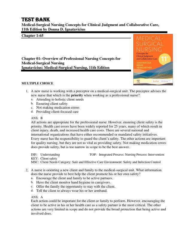 Test bank Medical-Surgical Nursing Concepts for Clinical Judgment and Collaborative Care, 11th Edition by Donna D. Ignatavicius Chapter 1-65
