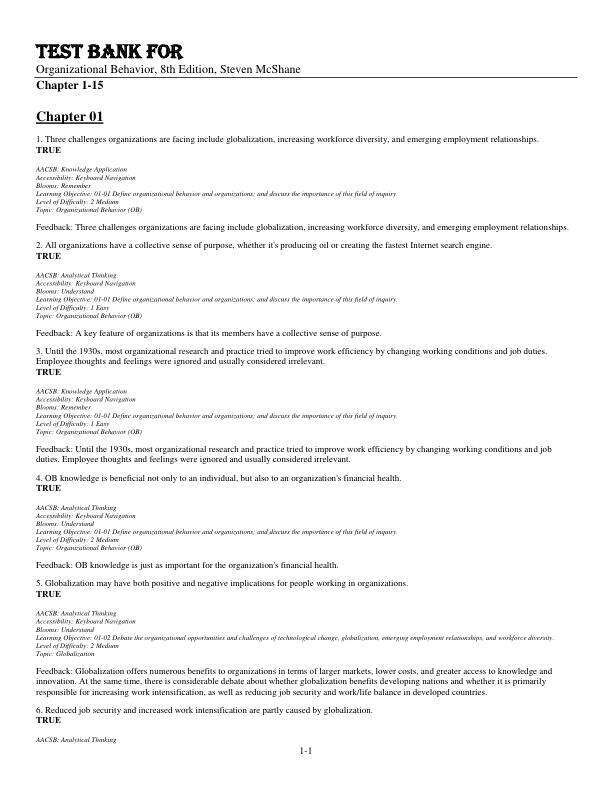 Test Bank For Organizational Behavior, 8th Edition by Steven McShane Chapter 1-15