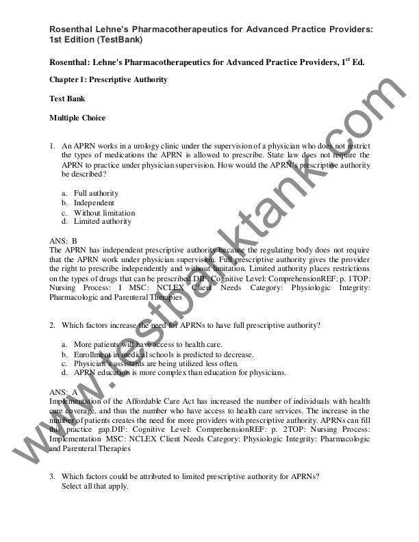 LehneÔÇÖs Pharmacotherapeutics For Advanced Practice Providers 1st Edition Test Bank