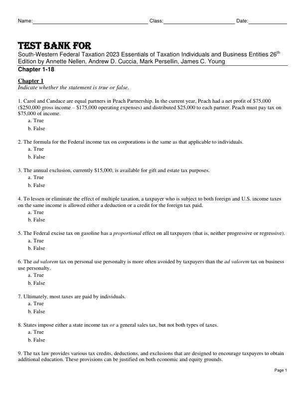Test Bank For South-Western Federal Taxation 2023 Essentials of Taxation Individuals and Business Entities 26th Edition by Annette Nellen, Andrew D. Cuccia, Mark Persellin, James C. Young Chapter 1-18