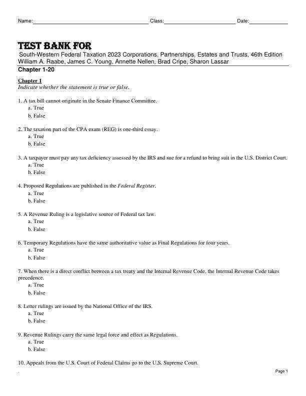 Test Bank For South-Western Federal Taxation 2023 Corporations, Partnerships, Estates and Trusts, 46th Edition by William A. Raabe, James C. Young, Annette Nellen, Brad Cripe, Sharon Lassar Chapter 1-28