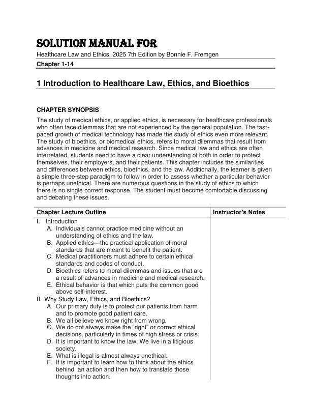 Solution Manual For Healthcare Law and Ethics, 2025 7th Edition by Bonnie F. Fremgen Chapter 1-14