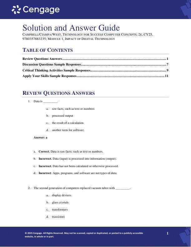 Solution Manual For Technology for Success Computer Concepts 2nd Edition 2025 by Jennifer Campbell, Mark Ciampa, Barbara Clemens, Steven M. Freund, Lisa Ruffolo, Jill West Chapter 1-14