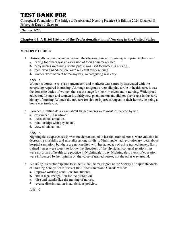 Tast Bank For Conceptual Foundations - The Bridge to Professional Nursing Practice 8th Edition Copyright 2024 Elizabeth E. Friberg & Karen J. Saewert Chapter 1-22