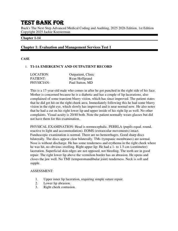 Test Bank For Buck's The Next Step Advanced Medical Coding and Auditing, 2025 2026 Edition, 1st Edition Copyright 2025 Jackie Koesterman Chapter 1-14