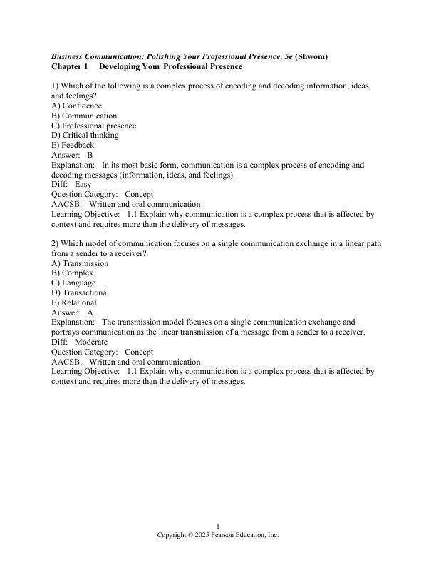 Test Bank For Business Communication Polishing Your Professional Presence, 2025 5th Edition by Barbara Shwom Lisa Gueldenzoph Snyder Chapter 1-12