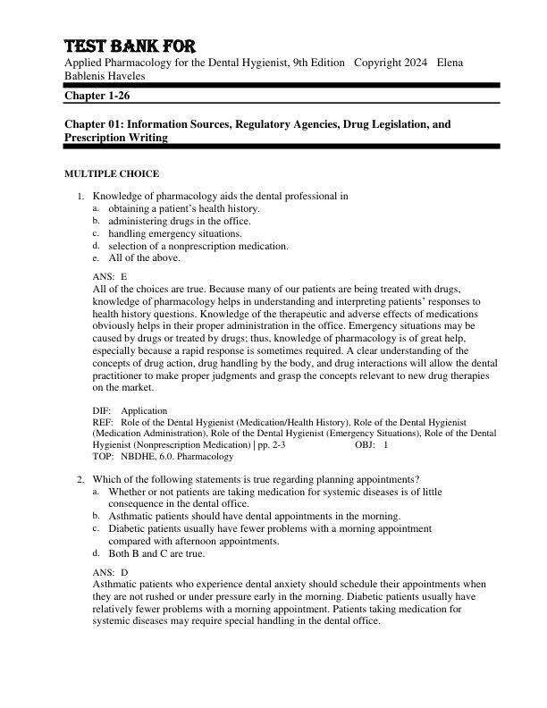 Test Bank For Applied Pharmacology for the Dental Hygienist, 9th Edition  Copyright 2024  Elena Bablenis Haveles Chapter 1-26