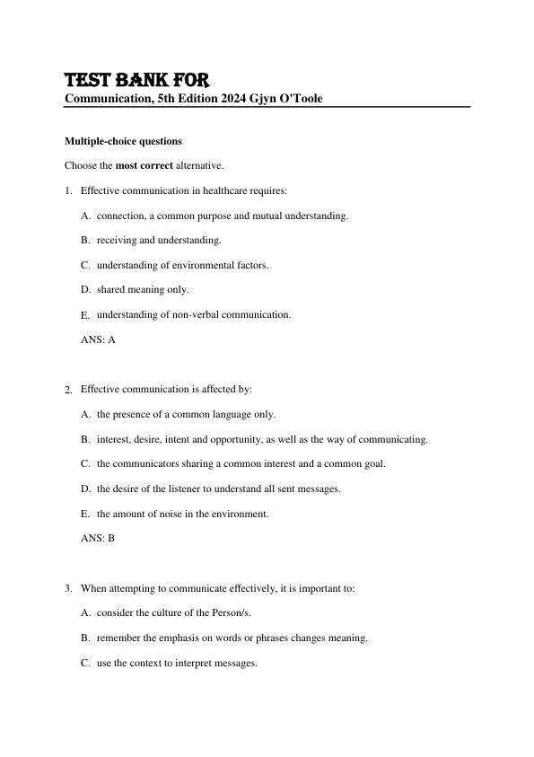 Test Bank For Communication, 5th Edition  Copyright 2024 Gjyn O'Toole