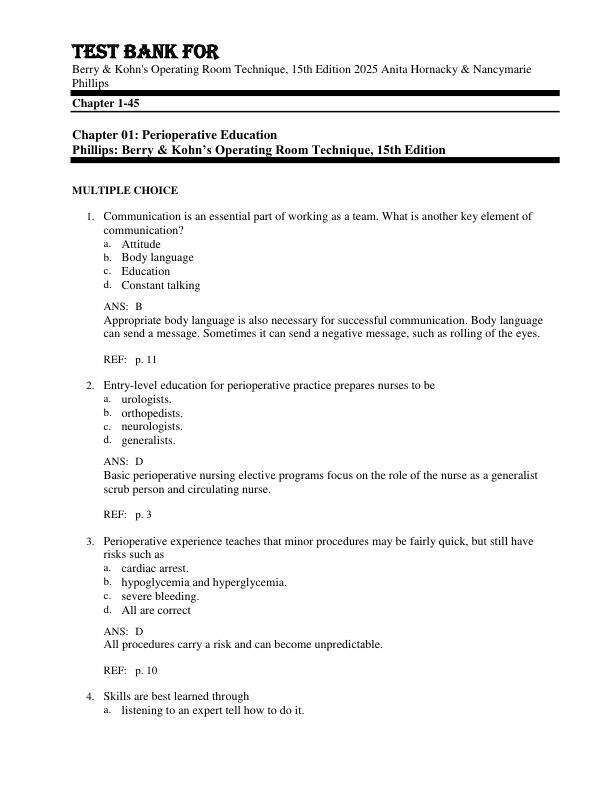 Test Bank For Berry & Kohn's Operating Room Technique, 15th Edition  Copyright 2025 Anita Hornacky & Nancymarie Phillips Chapter 1-45
