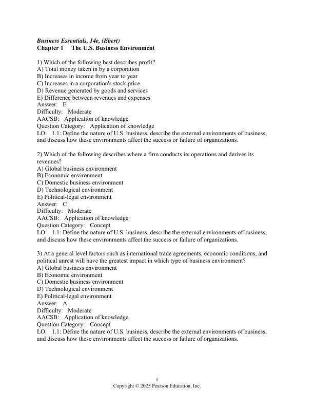 Test Bank For Business Essentials, 2025 14th Edition by Ronald J. Ebert Ricky W. Griffin Chapter 1-17