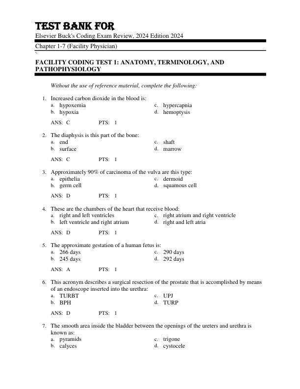 Test Bank For Elsevier Buck's Coding Exam Review, 2024 Edition Copyright 2024 Chapter 1-7 (Facility Physician)