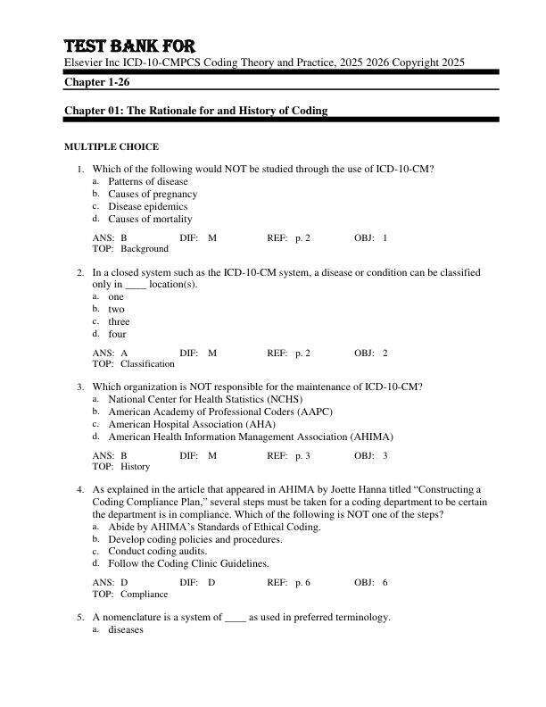 Test Bank For Elsevier Inc ICD-10-CMPCS Coding Theory and Practice, 2025 2026 Copyright 2025 Chapter 1-26
