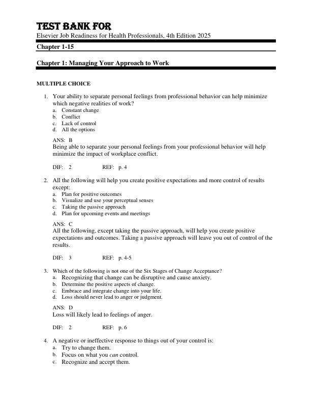 Test Bank For Elsevier Job Readiness for Health Professionals, 4th Edition  Copyright 2025 Chapter 1-15