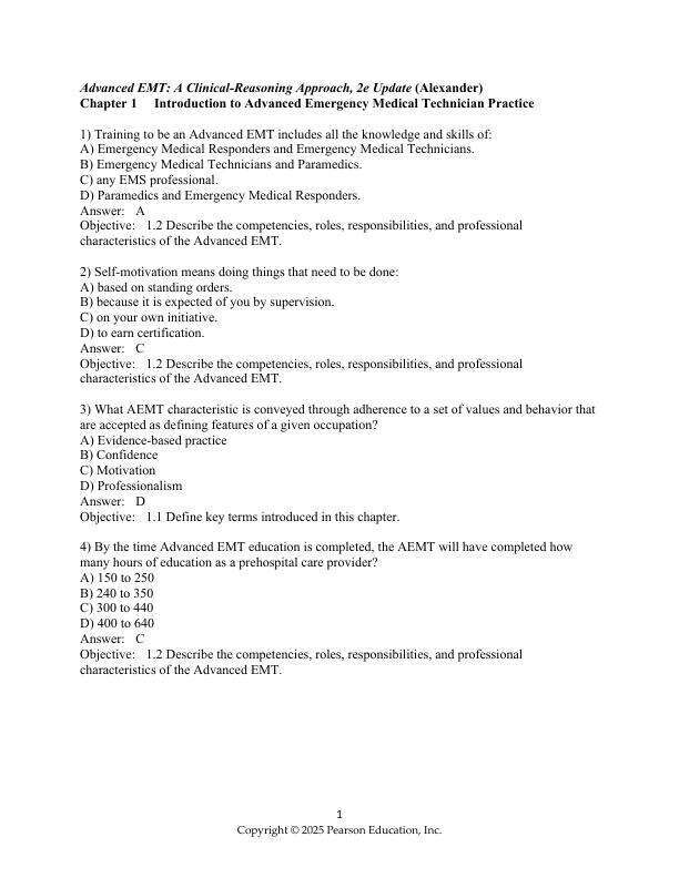 Test Bank For Advanced EMT A Clinical Reasoning Approach, 2024 Update, 2nd Edition by Melissa Alexande Richard Belle Chapter 1-49