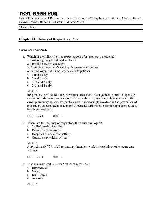 Test Bank For Egan's Fundamentals of Respiratory Care 13th Edition  Copyright 2025 by James K. Stoller, Albert J. Heuer,  David L. Vines, Robert L. Chatburn Eduardo Mirel Chapter 1-58