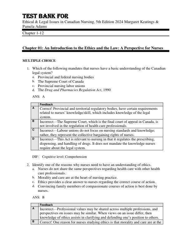 Test Bank For Ethical & Legal Issues in Canadian Nursing, 5th Edition  Copyright 2024 Margaret Keatings & Pamela Adams Chapter 1-12