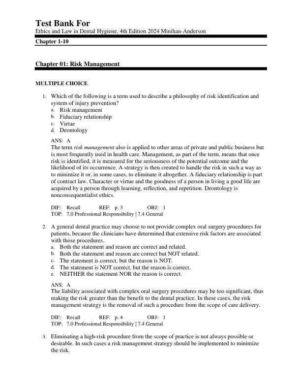 Test Bank For Ethics and Law in Dental Hygiene, 4th Edition Minihan-Anderson Copyright 2024 Chapter 1-10