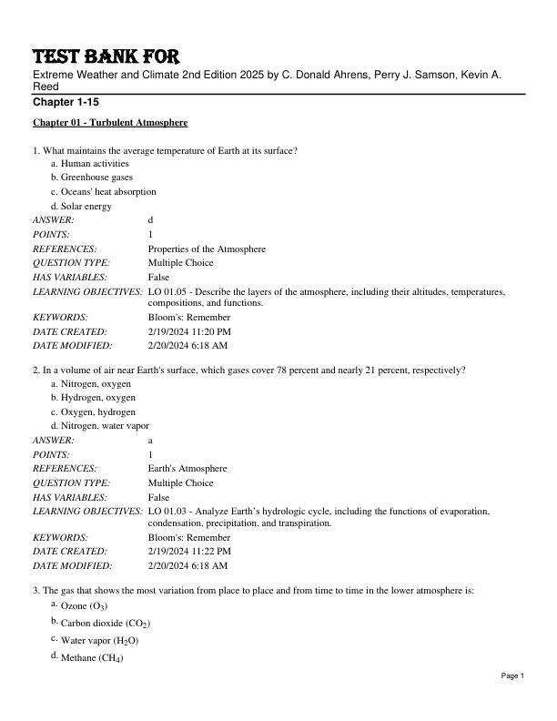 Test Bank For Extreme Weather and Climate 2nd Edition 2025 by C. Donald Ahrens, Perry J. Samson, Kevin A. Reed Chapter 1-15 (2)