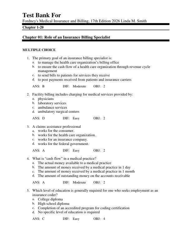 Test Bank For Fordney's Medical Insurance and Billing, 17th Edition Copyright 2026 Linda M. Smith Chapter 1-20