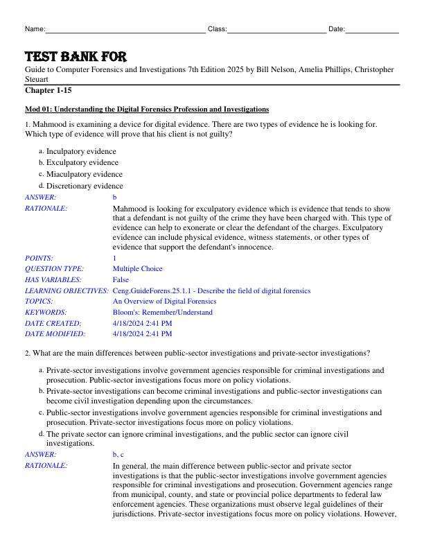 Test Bank For Guide to Computer Forensics and Investigations 7th Edition 2025 by Bill Nelson, Amelia Phillips, Christopher Steuart Chapter 1-15