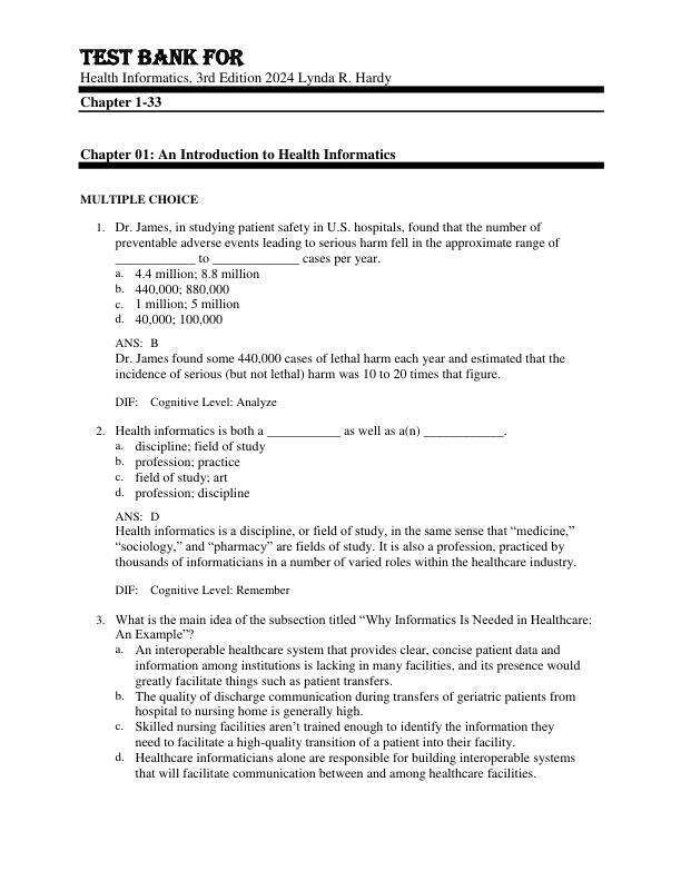 Test Bank For Health Informatics, 3rd Edition by 2024 Lynda R. Hardy Chapter 1-33