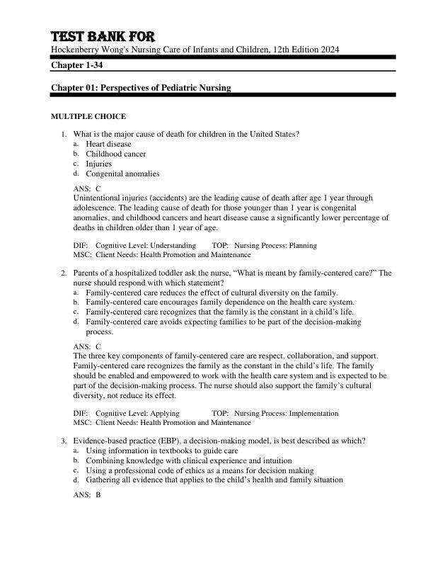 Test Bank For Hockenberry Wong's Nursing Care of Infants and Children, 12th Edition by 2024 Chapter 1-34