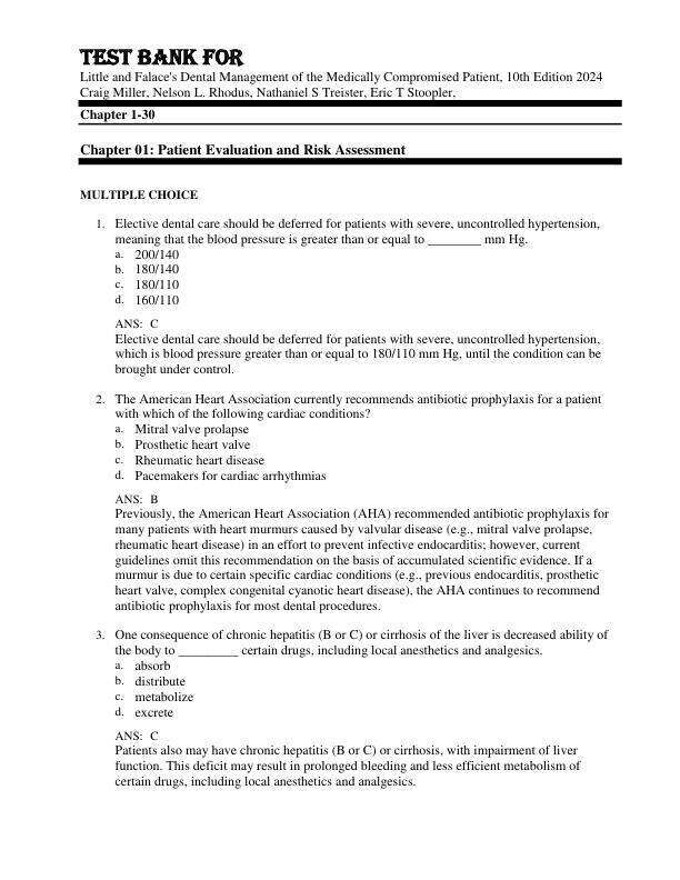 Test Bank For Little and Falace's Dental Management of the Medically Compromised Patient, 10th Edition by 2024 Craig Miller,  Nelson L. Rhodus, Nathaniel S Treister, Eric T Stoopler, Chapter 1-30