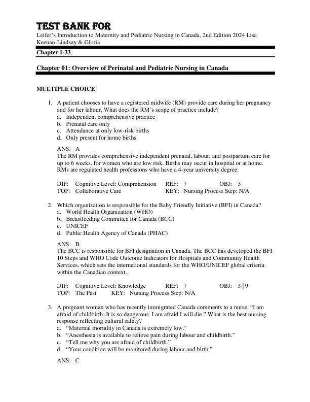 Test Bank For Leifer’s Introduction to Maternity and Pediatric Nursing in Canada, 2nd Edition by 2024 Lisa Keenan-Lindsay & Gloria Chapter 1-33