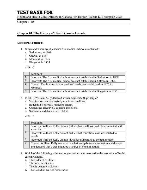 Test Bank For Health and Health Care Delivery in Canada, 4th Edition by Valerie D. Thompson  Copyright 2024 Chapter 1-10