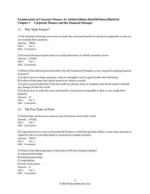 Test Bank For Fundamentals of Corporate Finance, Global Edition, 2025 6th Edition by Jonathan Berk Peter DeMarzo Jarrad Harford Chapter 1-26