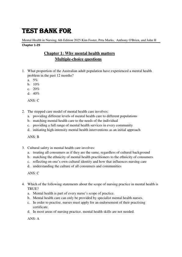 Test Bank For Mental Health in Nursing, 6th Edition by 2025 Kim Foster, Peta Marks, , Anthony O'Brien, and John H Chapter 1-29