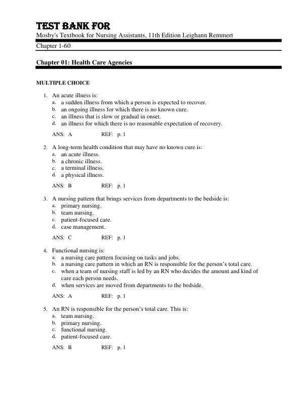 Test Bank For Mosby's Textbook for Nursing Assistants, 11th Edition by 2025 Leighann Remmert Chapter 1-60