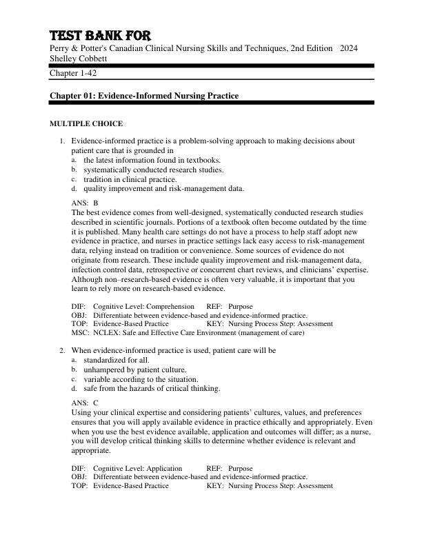 Test Bank For Perry & Potter's Canadian Clinical Nursing Skills and Techniques, 2nd Edition by 2024 Shelley Cobbett Chapter 1-42