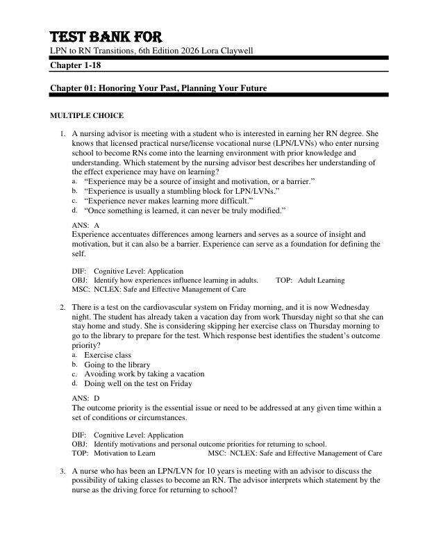 Test Bank For LPN to RN Transitions, 6th Edition by 2026 Lora Claywell Chapter 1-18