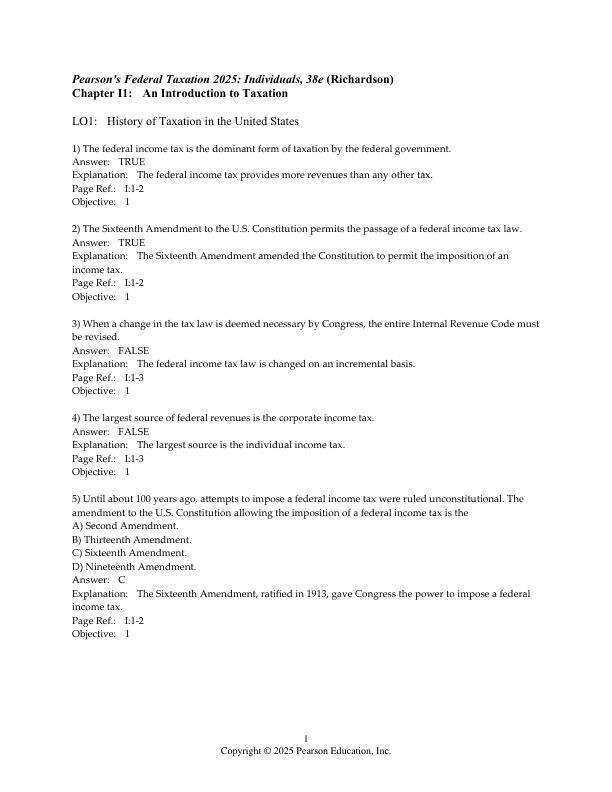 Test Bank For Pearson's Federal Taxation 2025 Individuals, 38th Edition by Mitchell Franklin Luke E. Richardson Chapter 1-18
