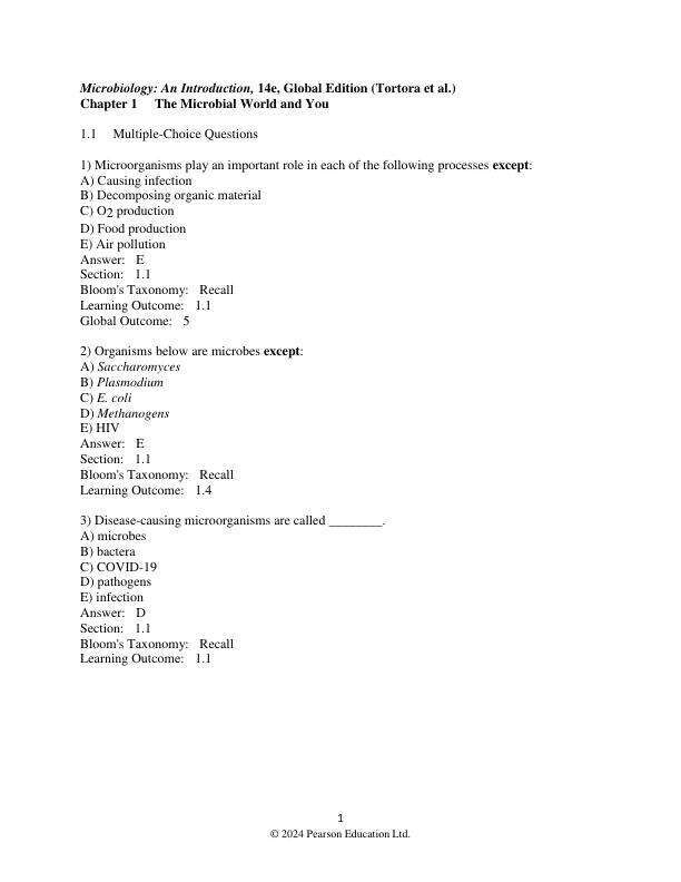 Test Bank For Microbiology An Introduction, Global Edition, 2025 14th Edition by Gerard J. Tortora Berdell R. Funke Christine L. Case Derek Weber Warner B. Bair Chapter 1-28