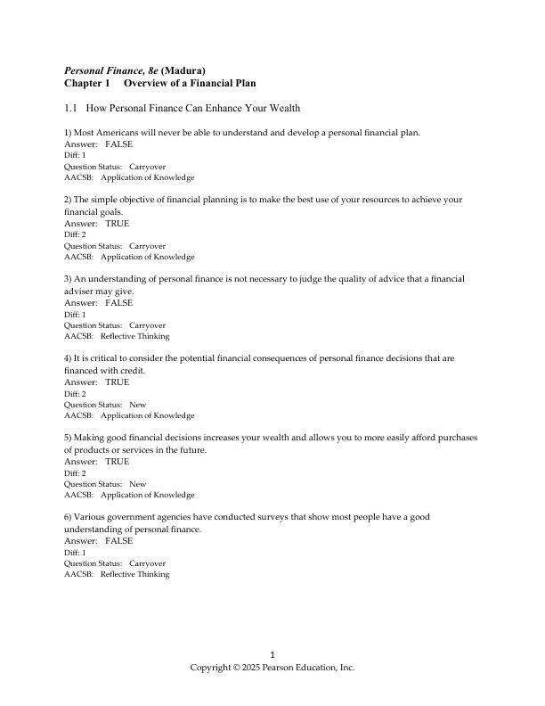 Test Bank For Personal Finance, 2025 8th Edition by Jeff Madura Chapter 1-21