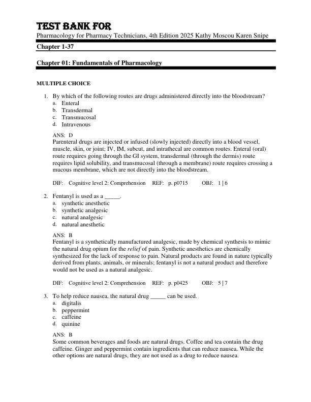 Test Bank For Pharmacology for Pharmacy Technicians, 4th Edition by 2025 Kathy Moscou Karen Snipe Chapter 1-37