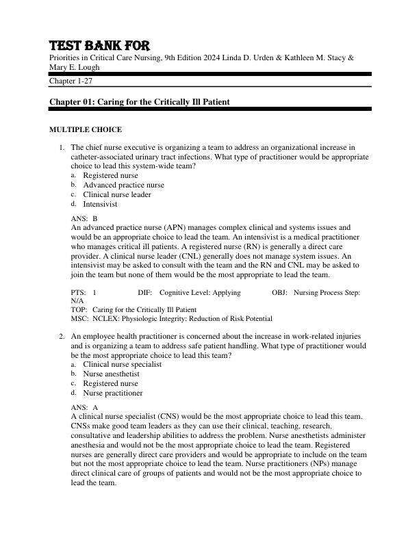 Test Bank For Priorities in Critical Care Nursing, 9th Edition by 2024 Linda D. Urden & Kathleen M. Stacy & Mary E. Lough Chapter 1-27