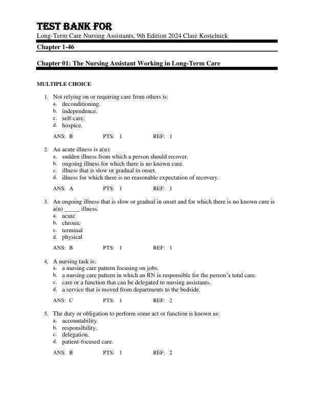 Test Bank For Long-Term Care Nursing Assistants, 9th Edition by 2024 Clare Kostelnick Chapter 1-46
