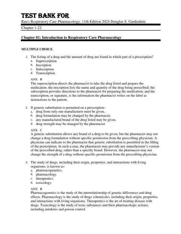 Test Bank For Rau's Respiratory Care Pharmacology, 11th Edition by 2024 Douglas S. Gardenhire Chapter 1-22