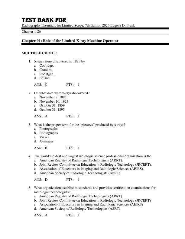 Test Bank For Radiography Essentials for Limited Scope, 7th Edition by 2025 Eugene D. Frank Chapter 1-26