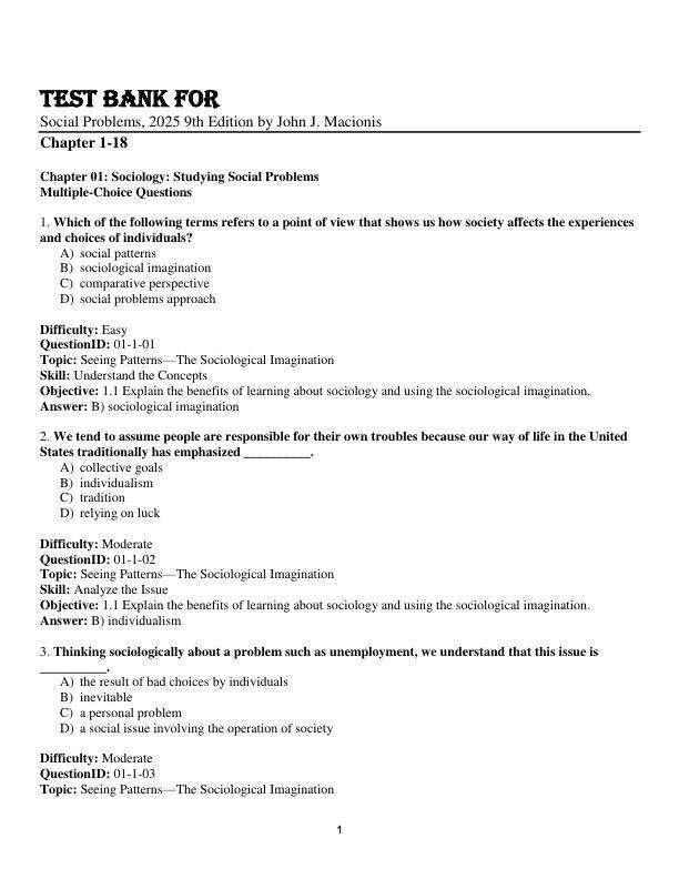 Test Bank For Social Problems, 2025 9th Edition by John J. Macionis Chapter 1-18