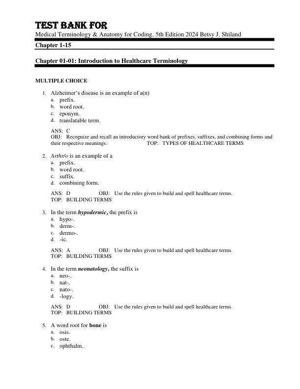 Test Bank For Medical Terminology & Anatomy for Coding, 5th Edition by 2024 Betsy J. Shiland Chapter 1-15