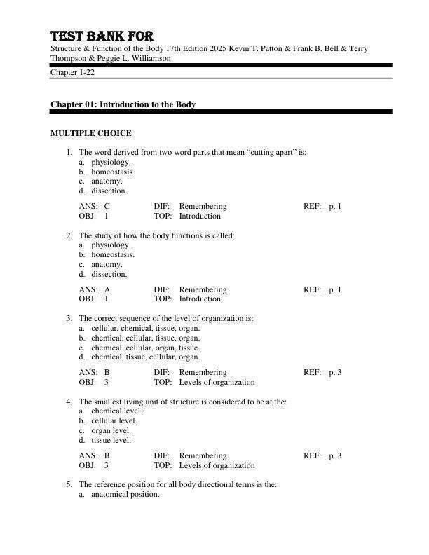 Test Bank For Structure & Function of the Body 17th Edition by 2025 Kevin T. Patton & Frank B. Bell & Terry Thompson & Peggie L. Williamson Chapter 1-22