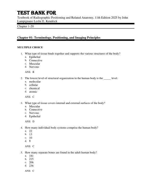 Test Bank For Textbook of Radiographic Positioning and Related Anatomy, 11th Edition by 2025 by John Lampignano Leslie E. Kendrick Chapter 1-20